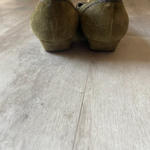 Prada Green Suede Gold Buckle Kitten Heel Mules. - Picture 5 of 7